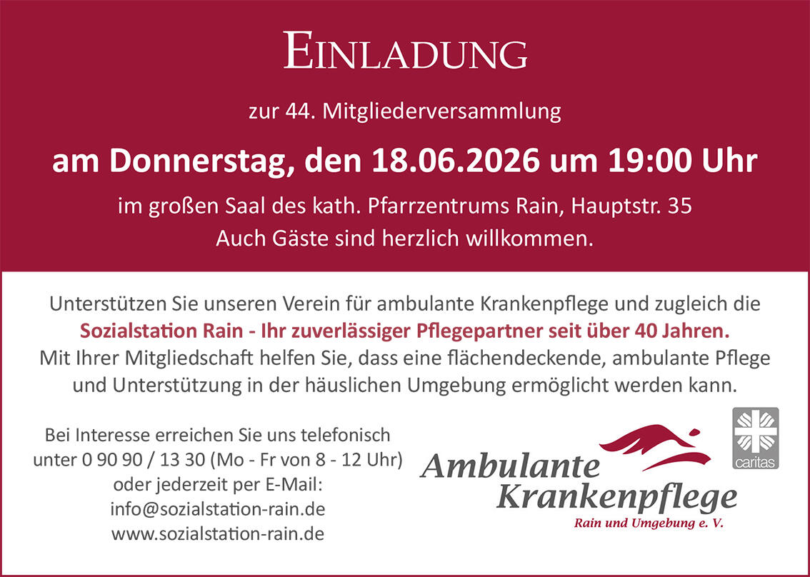 Einladung zur Generealversammlung der Ambulanten Krankenpflege Rain und Umgebung e.V.