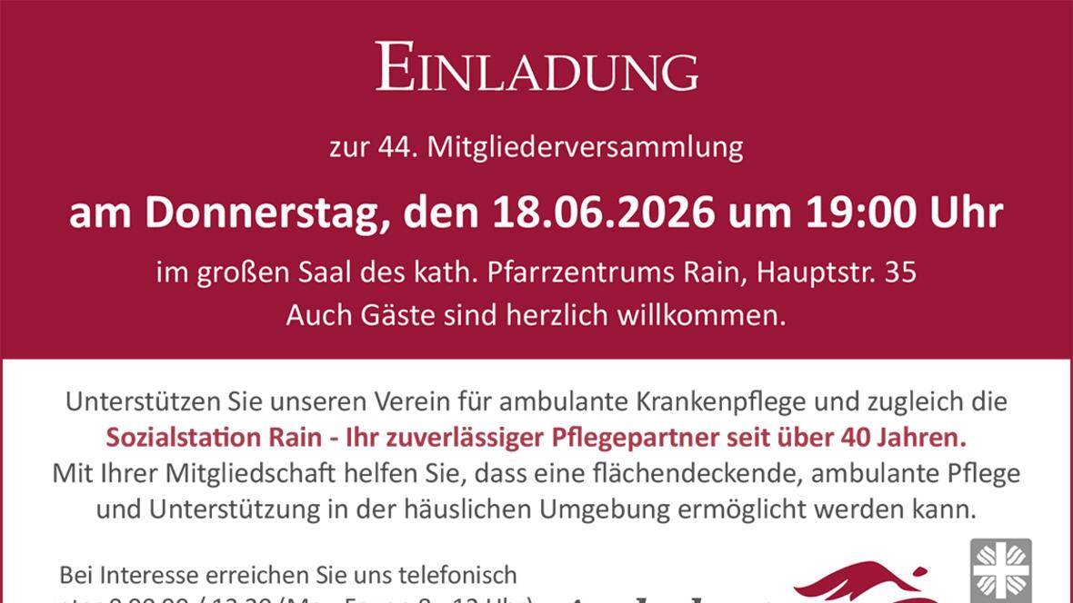 Einladung zur Generealversammlung der Ambulanten Krankenpflege Rain und Umgebung e.V.
