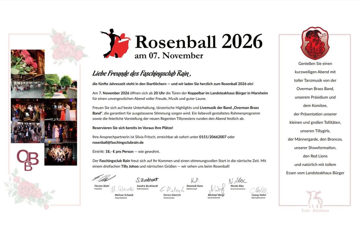 Einladung zum Rosenball 2026 des Faschingsclubs Rain