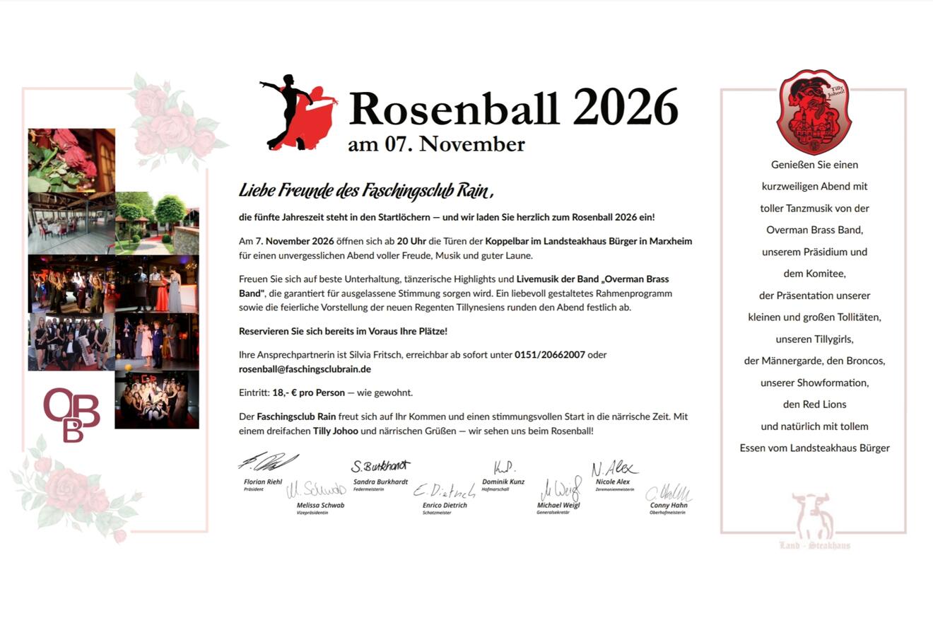 Einladung zum Rosenball 2026 des Faschingsclubs Rain