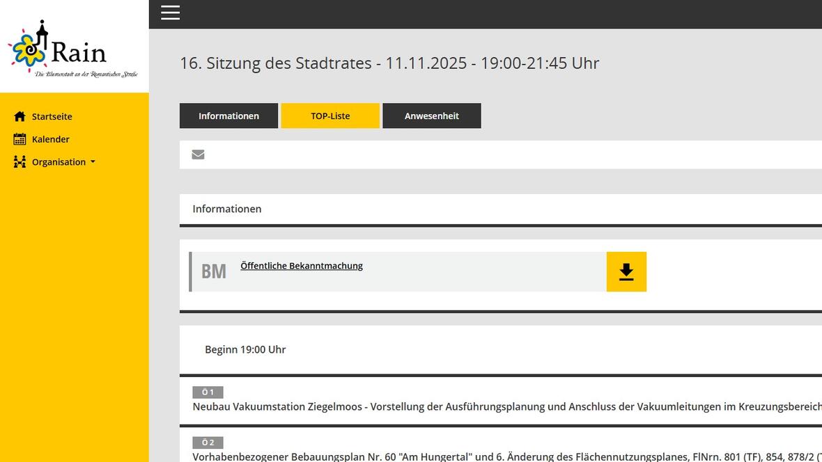 Das Bürgerinfoportal der Stadt Rain gibt Einblick in die Arbeit und die Beschlüsse des Stadtrats.