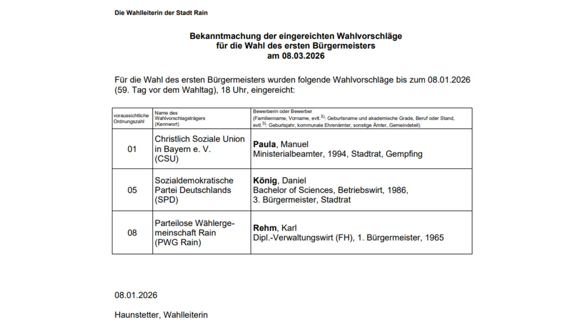 Wahlvorschlag zur Wahl des Bürgermeisters der Stadt Rain am 08.03.2026