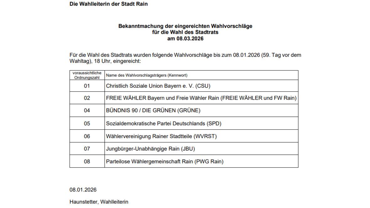 Wahlvorschlag zur Wahl des Stadtrats der Stadt Rain am 08.03.2026