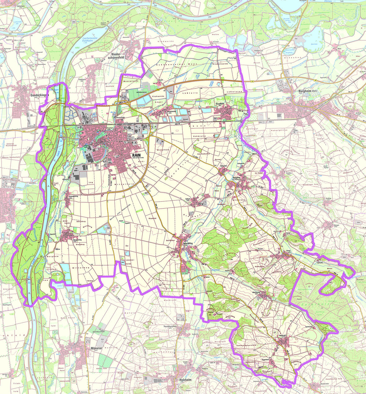 Karte des Stadtgebiets Rain mit Stadtteilen