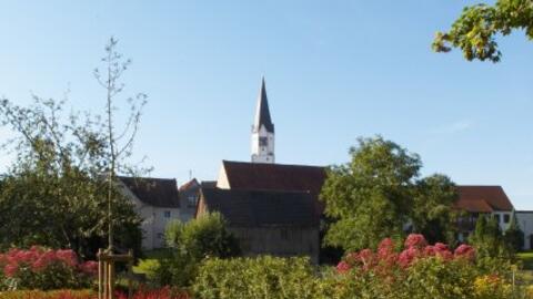 Staudengarten mit Blick auf Stadtpfarrkirche